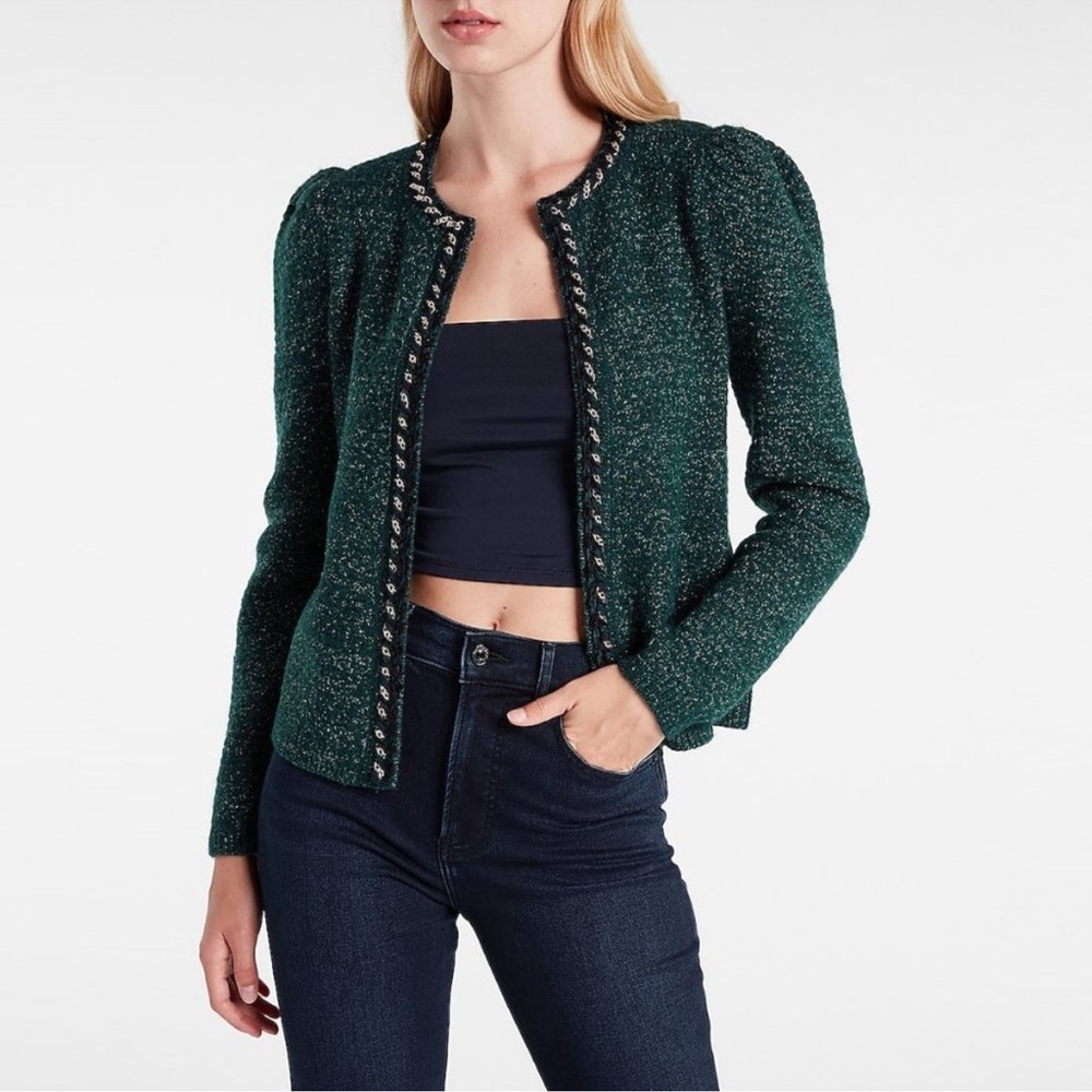 Express Lurex Chain Trim Emerald Cardigan Jacket